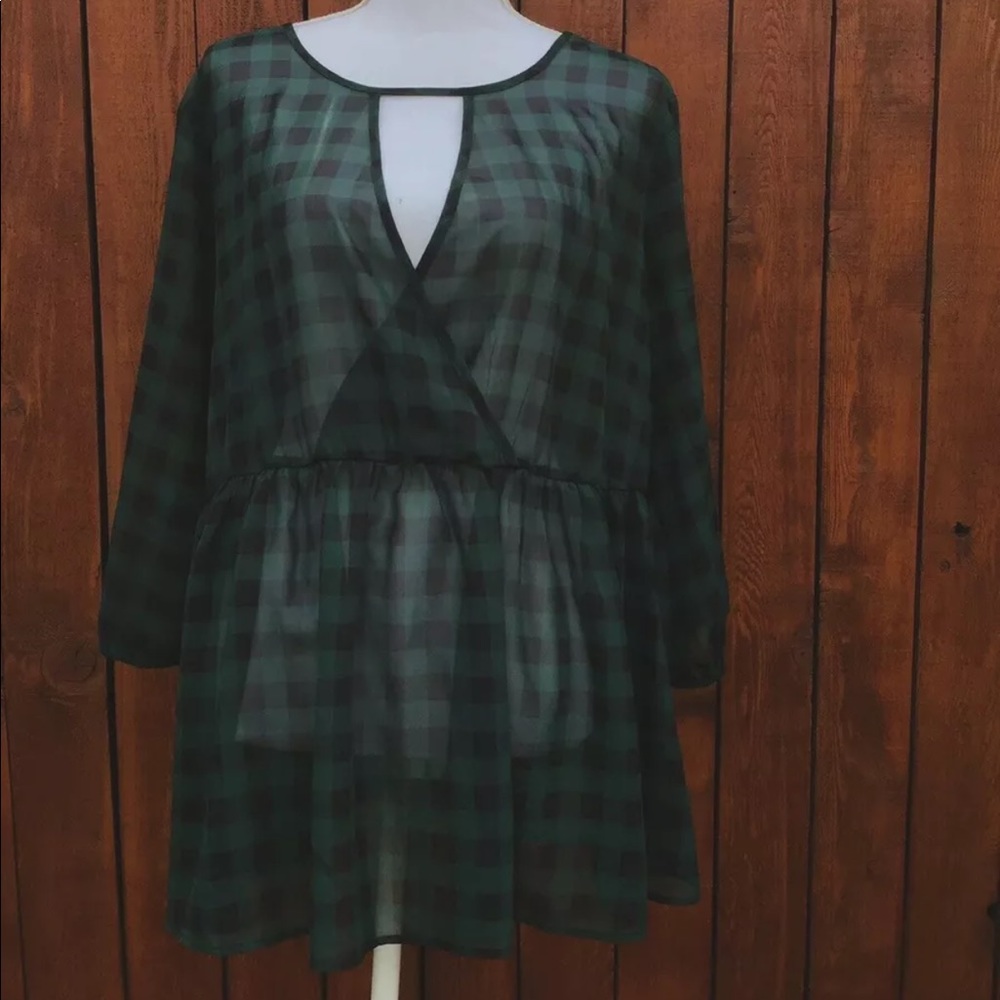 Torrid Sheer Black & Green Checkered Keyhole Top